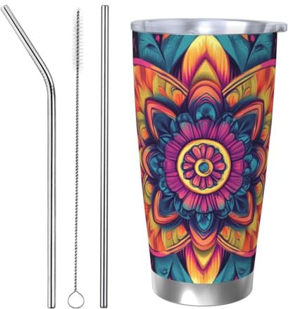 DFJMASFKOL Colorful Floral Stainless Steel Cup Floral Mandala Car Cup Mandala Seamless Pattern Travel Mug for Photography Crews 8.7X11.2CM
