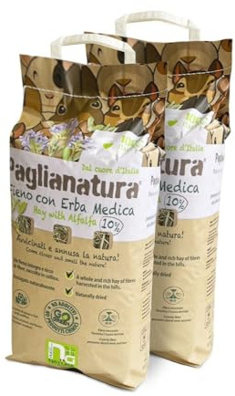 Paglianatura Kit de 2 Bolsas de heno Natural de 1300 g con Alfalfa, alimento para Conejos, cobayas y roedores, Rico en Fibra, proteínas y Calcio