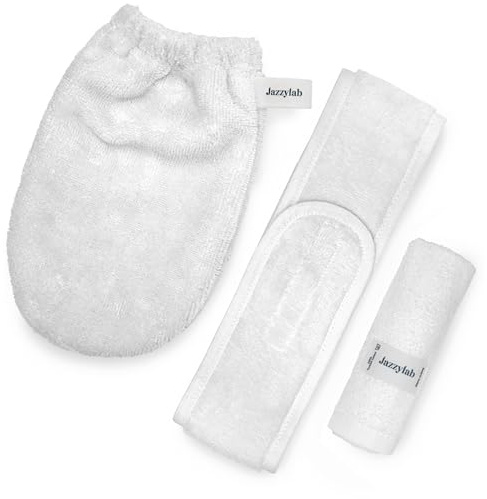 3-deligt Make-up Set – Hårband, Tvätthandske & Tvättlapp – 100% Bomull – För Ansiktsvård, Rengöring & Wellness | Vit, 1 set