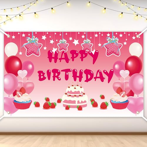 lasuroa Pancarta de Cumpleaños Fresa, 180x110cm Decoración Fiesta Temática con Cinta Cuerda Cartel Jardín Telón de Fondo para Interior Exterior Celebración Foto