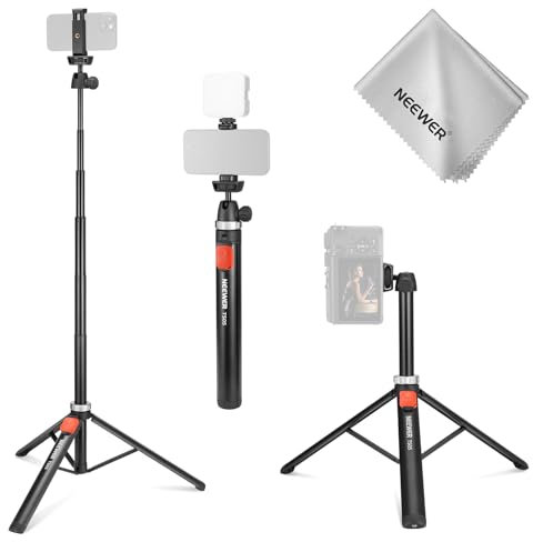 NEEWER Phone Tripod for Camera with Cell Phone Holder & Remote, 62.9 All Metal Selfie Stick Travel Vlog Video Recording Portable Stand Compatible with iPhone Canon Sony Nikon, Cleaning Cloth, TS05