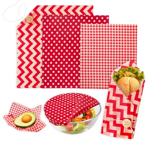 Beeswax Wraps for Food, 3 Pack (S, M, L) Reusable Food Wraps, Bread Sandwich Wrap, Beeswax Paper with Bukcle, Zero Waste, Plastic-Free Food Storage Wrap