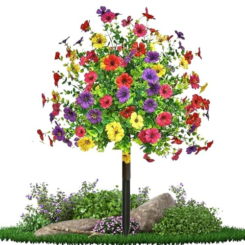 Flor violeta, arbusto falso, decoración realista de colores violeta, estaca para patio, jardín, balcón, decoración de patio delantero