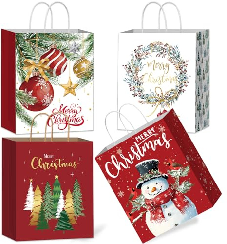 DECHISY 12 Stück Geschenktüten Weihnachten, Weihnachtstüten groß mit Griffen, Papiertüten Weihnachten perfekt für Weihnachts- und Neujahrsdekorationen, Skandi-Geschenktüten, 32 x 26 x 12cm