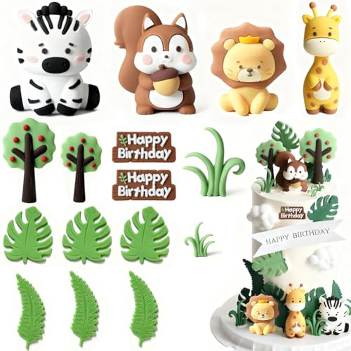 17PCS Safari Animal Cake Toppers,Jungle Wild Cake Decorations with Lion Giraffe Zebra Hippopotamus,Leaves,Safari Theme Cake Decor for Kids Shower Party
