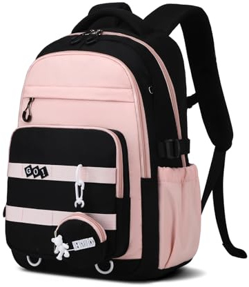 Amythe Schulrucksack Mädchen 3. - 9. Klasse, Leichter Rucksack Teenager | Schulranzen Mädchen Wasserdicht mit Reflektoren, Lässiger Tagesrucksäcke für Reise, Leicht Geräumig, Schwarz Rosa, Schulstart
