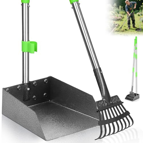 Kit Recogedor Excrementos Perros con Mango Largo Ajustable, Pala Mascotas para Recoger Cacas Perro, Recogedor para Grandes Medianos Pequeños,Juego Rastrillo & Bandeja para Jardín,Hojas,Césped o Grava