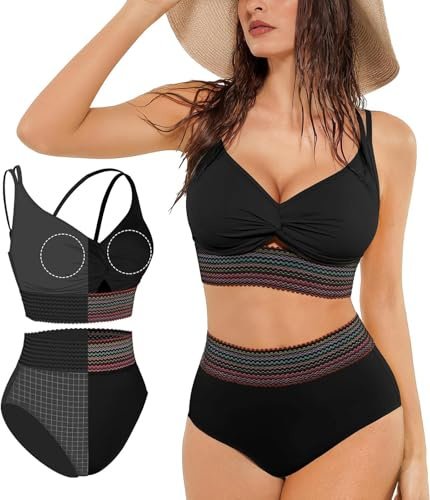 Women High Waisted Bikini Sets Tummy Control 2 Piece Swimsuit Ladies Shapewear Bikinis with Boho Trim & Padded, Adjustable 4 Way Wear for Summer 2026