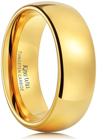 King Will Men's 8mm Tungsten Carbide Ring 24k Gold Plated Domed Polished Finish Wedding Band Size 15