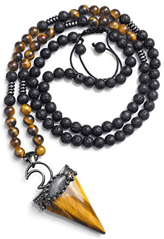 Jovivi 6mm Natural Tiger Eye Crystal Pendulum Necklace Lava Rock Labradorite Healing Chakra Triangle Pendulum Crystal w/Moon 25inches Adjustable