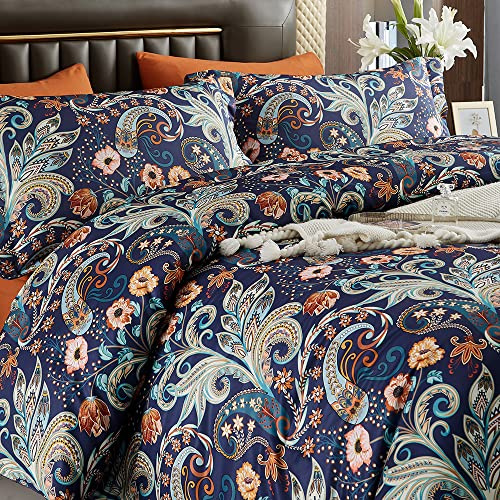 Lanqinglv Biancheria da letto in stile boho, 155 x 220 cm, colore grigio bohémien, multicolore indiano Paisley Mandala, set di biancheria da letto double-face, in microfibra, copripiumino con chiusura