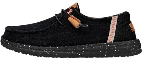 HEYDUDE Women's Wendy Washed Canvas Slip On Loafer, Black Size 7 | Embroidered Heel, Easy On Casual Shoe, Removable Foam Insole