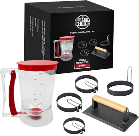 Griller's Choice Griddle Breakfast Kit - Pancake Batter Dispenser, Bacon Press, Egg Rings, Perfect for Family Morning Chefs, Cooks, and Pancake Lovers - Ultimate Pancake Breakfast Set