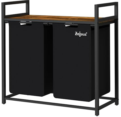 Tvättkorgen Zelsius med 2 fack | Svart, 73 x 33 x 72 cm | Tvättkorg med hylla | tvättsorterare, tvättlåda
