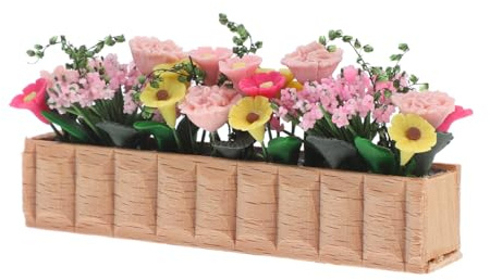 BESTonZON 2Pcs Miniature Long Wooden Flower Pot Dollhouse Accessory Realistic Small Plant Box with Clay Petals for 1:12 Scale Dollhouse Garden Decor Fairy Balcony Model 5.5cm Length