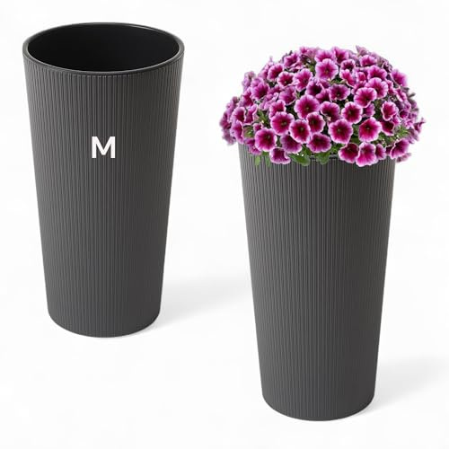 MELTOM Blumenkübel Rund Hochglanz Slim Blumentopf mit Herausnehmbaren Einsatz (Graphit, M - 36 cm)
