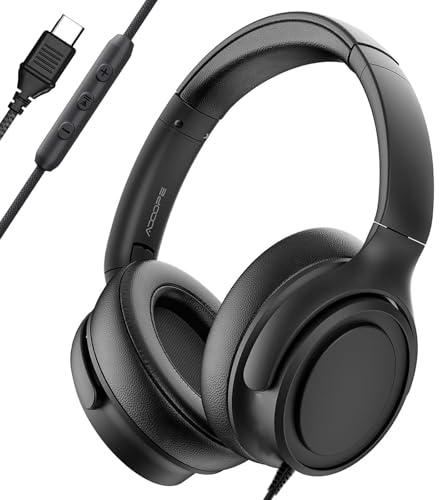ADOOPE Auriculares de diadema con cable con conector USB C, sonido estéreo de alta fidelidad, almohadillas aislantes de ruido, ajuste cómodo para dispositivos USB C (sin bolsa, negro)