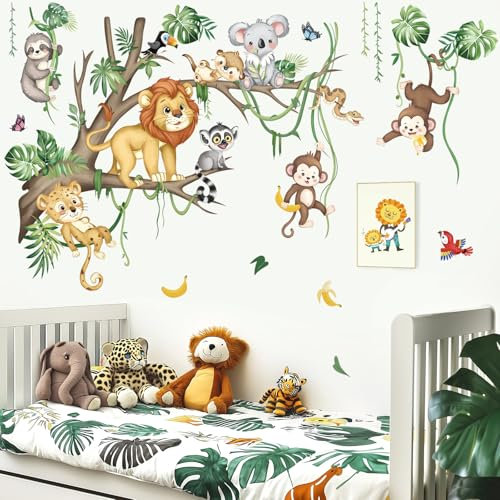 decalmile Adesivi Murali Grande Animali della Giungla Albero Ramo Adesivi da Parete Safari Animale Leone Leopardo Scimmia Vite Decorazione Murale Asilo Nido Camerette Bambini Camera da Letto