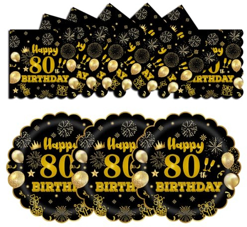 HFBOBP 50 Stück 80. Geburtstag Party Pappteller und Servietten, 17.78cm Einweg Schwarz und Gold Scalloped Dessert Partyteller Party für Hochzeit Jahrestag Dekorationen