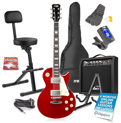 Max GigKit Beginner Electric Guitar Pack, SC-Style Dark Red Guitar, 40W Amp, Portable Guitarist Stool with Backrest & Foldable Guitar Stand, Complete Starter Set with Accessories