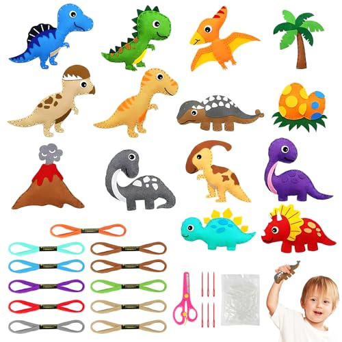 Vicloon 14 Stück Nähset Kinder, Filztiere Nähen Set, Bastelset für ab 6 Jahren und Anfänger, Nähen Kinder Filzset mit Stickgarn Plastiknadeln Füllwatte (Dinosaurier)