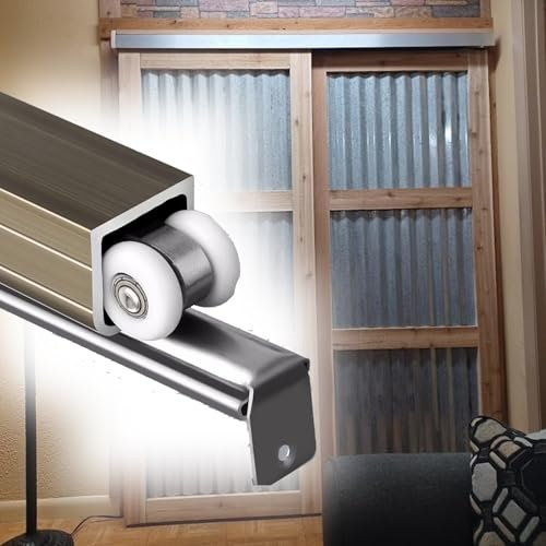 Kit de riel de puerta de bolsillo para riel de puerta corredera resistente de 28 a 200 pulgadas y guía para puertas de madera de 1 a 2 pulgadas de grosor, sistema de rieles de puerta corredera suave