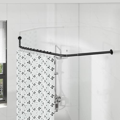 Duschvorhangstange Diamant Form, Verstellbare Duschstange Ecke mit 12 Vorhangringen & Deckenstütze für Badewanne/Badezimmer, Bohr-Montage Erforderlich [Both Sides: 55-88cm, Mitte: 71-110cm] (Schwarz)