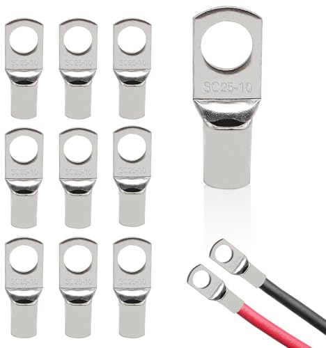 10 Pcs M10 Ring Terminals Cable Lugs Battery Crimp Terminals Connectors SC25-10 Copper Tube Battery Cable Ends Lugs Battery Terminals Connectors Tinned Copper Crimp Lugs