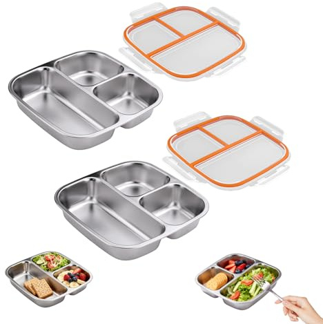 Betinyar 2 x Edelstahl-Snack-Behälter, auslaufsicher, 3 Fächer, Lebensmittelzubereitungsbehälter mit individuellen Verschlussdeckeln, wiederverwendbare Lebensmittelaufbewahrung für Reisen, Camping