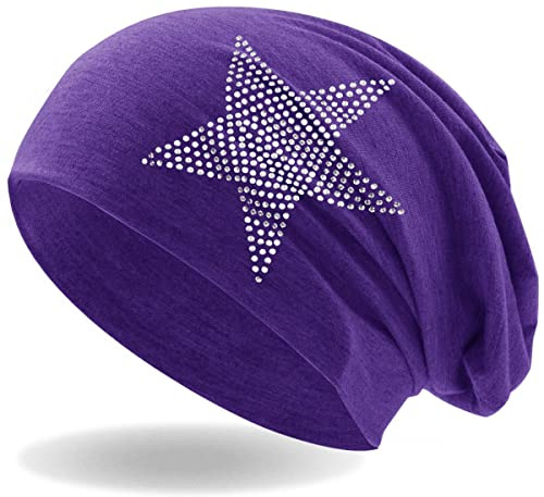 Hatstar Strass Stern Damen Beanie Mütze | elastisches Slouch Long Beanie | Mädchen Mütze | mit edler Strass Applikation | leicht und weich