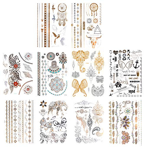 Kare & Kind Temporary Metallic Henna Tattoos for Women Teens Girls - 10 Sheets - Glitter Shimmer Designs Jewelry Fake Tattoo Stickers - 150+ pcs Waterproof Color Flash - Bracelets, Necklace, Anklets