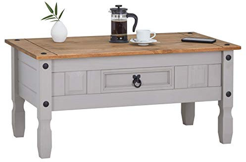 CARO-Möbel Couchtisch Ramon im Mexiko-Stil Wohnzimmertisch Beistelltisch Kiefer massiv, grau/braun lackiert mit 1 Schublade