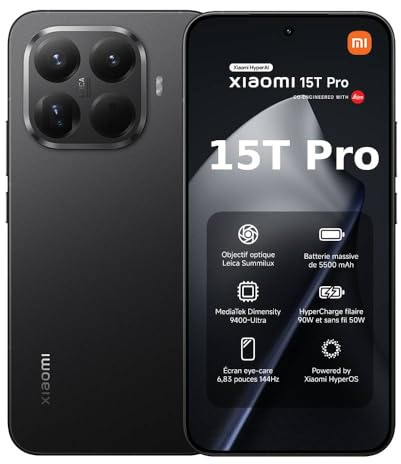 XIAOMI 15T Pro, Smartphone 12 + 256 Go, écran 6,83 144 Hz avec Protection oculaire, MediaTek Dimensity 9400+, Téléobjectif Leica x5 Pro 50 MP, 5 500mAh, Noir, Chargeur Non Inclus