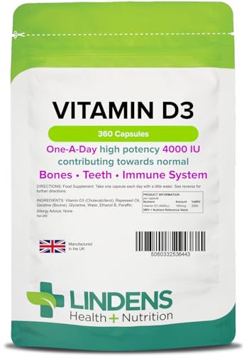 Lindens Vitamin D3 4000IU - 360 High Strength Capsules - Supports Healthy Immune System & Calcium Absorption - One-A-Day Capsule - 12 Month Supply - UK Manufacturer & Letterbox Friendly
