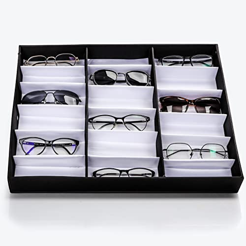 Kurtzy Verschließbare Sonnenbrille Box & Brillen Organizer - 18 Fächer für 18 Brillen - 18 Fächer für Brillen & Sonnenbrillen Aufbewahrung - Schwarzer Unisex Brillen Ständer mit Deckel