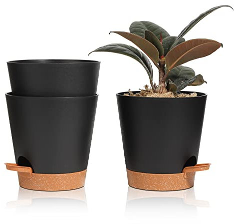 T4U 14cm Blumentopf mit Selbstbewässerung, 3er-Set Blumentopf mit Untersetzer, ideal für Innen- und Balkongärten, Sukkulenten, Kakteen und Pflanzen, Schwarz