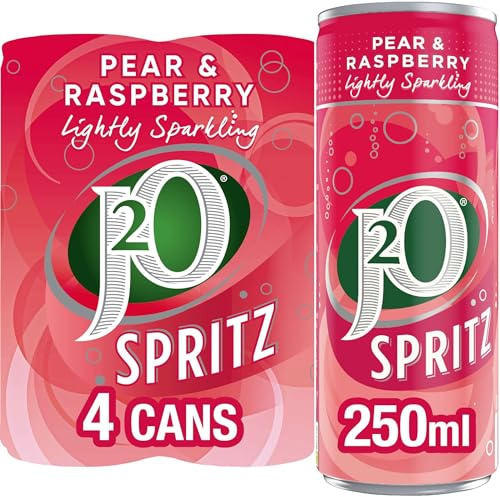J2O Fruit Juice Spritz Blend, Pear and Raspberry, 250ml Can (Pack of 4)