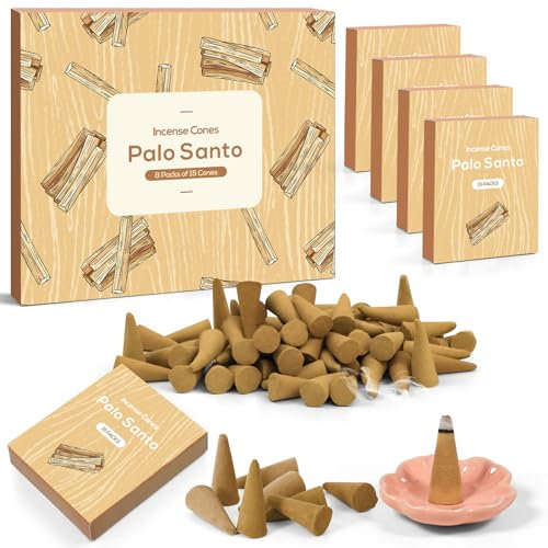 Räucherkegel mit Palo Santo Duft 120 Kegel (8 Boxen x 15 Kegel) Räucherkerzen Klein - Duft für Entspannung, Meditation, Linderung bei Stress und Angstzuständen - mit 1 Räucherstäbchenhalter