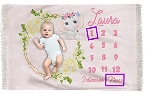 Overthetee, Copertina complimese neonata 1-12 personalizzabile con nome, 150x100 cm in pile, stampa ad alta definizione, kit riquadri incluso, idea regalo nascita