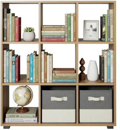 MAKA Libreria Scaffale per Soggiorno 9 Ripiani Scaffalatura Portaoggetti Libri Svuotatasche in Legno con Rivestimento Laminato Verticale Orizzontale Mobiletto Cucina Ufficio Studio (Rovere, Johannes)