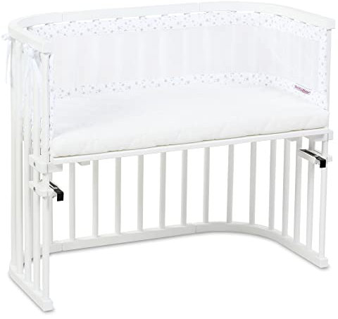 babybay Original Beistellbett mit Matratze Classic Cotton Soft, weiß lackiert, mit Nestchen Mesh-Piqué weiß Sterne perlgrau