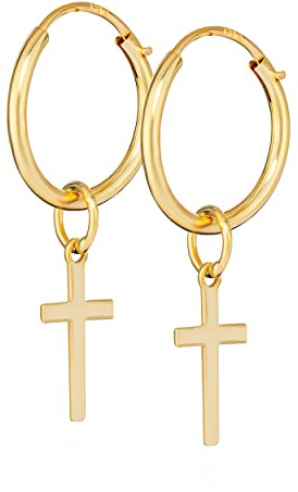 NKlaus Creolen mit Kreuz 585 Gelbgold 14 Karat, Gothic, Ø 10 mm, 2 Stück | Bügelverschluss; Motiv 8 x 5 mm, Paargewicht ca. 0,35 g