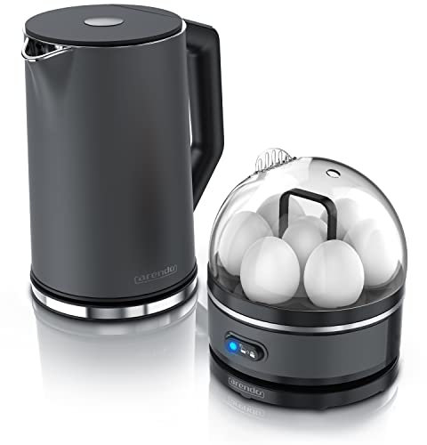 Arendo - Set Wasserkocher ELEGANT mit Eierkocher SEVENCOOK Edelstahl Grau, Wasserkocher 1,5L 40° - 100°C Warmhaltefunktion, Eierkocher 1-7 Eier, Messbecher