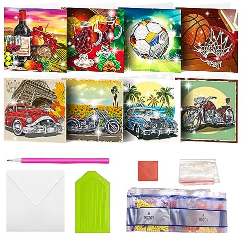 MEDOYOH 8er-Set DIY Diamond Painting Grußkarten mit Umschlag, Diamantmalerei Blanko Kunstkarten für Geburtstag Muttertag Weihnachten Jubiläum Erntedankfest, Auto und Ball (18)