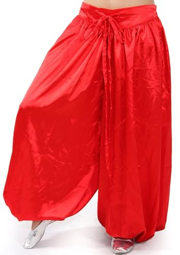 MUNAFIE Bauchtanz Hose, Lang Satin Haremshose Tanzhosen für Damen, Bauchtanz Kostüm Damen für Leistungen Rot