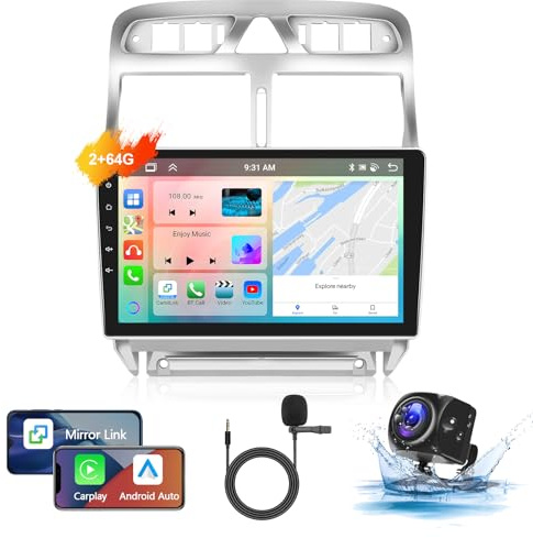 Podofo Autoradio für Peugeot 307 2002-2013 mit Wireless Carplay Android Auto, 9 Zoll IPS Touchscreen, 8 Core 2+64G, Android Autoradio Unterstützung Bluetooth/WiFi/Mirror Link/GPS+Rückfahrkamera