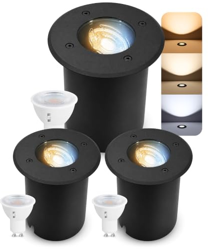 SSC-LUXon 3 Stück JUAVI Bodeneinbauleuchte rund IP67 mit LED GU10 3W 230V | Schwenkbare & befahrbare Bodenstrahler für Garten, Wege & Terrasse - inklusive GU10 LED mit drei einstellbaren Lichtfarben