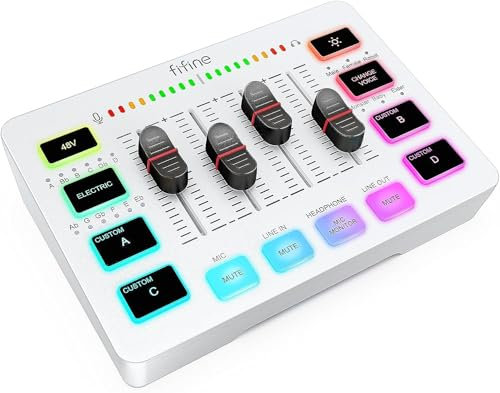 FIFINE Gaming Audio Mixer, Streaming RGB PC Mixer mit XLR Mikrofon Interface, individuelle Steuerung, Lautstärkeregler, Stummschaltungstaste, 48V Phantomspeisung, für Podcast, Aufnahme, Gesang