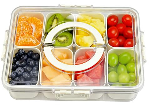 Snackschale mit Deckel, Snackbox mit fächern, Snackteller mit Deckel und Griff für SüßIgkeiten Nüsse Früchte, Mit 8 Fächern Snack Aufbewahrungsbox für Picknicks (Nicht für Spülmaschinen Geeignet)