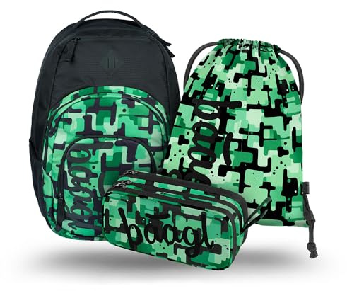 Baagl Schulrucksack Set 3 Teilig Rucksack Grundschule Daypack 35 l Green | Ergonomischer Großer Ranzen mit Brustgurt und Laptopfach für Jungen Mädchen Teenager bietet ein Kühlfach für Schulbücher.